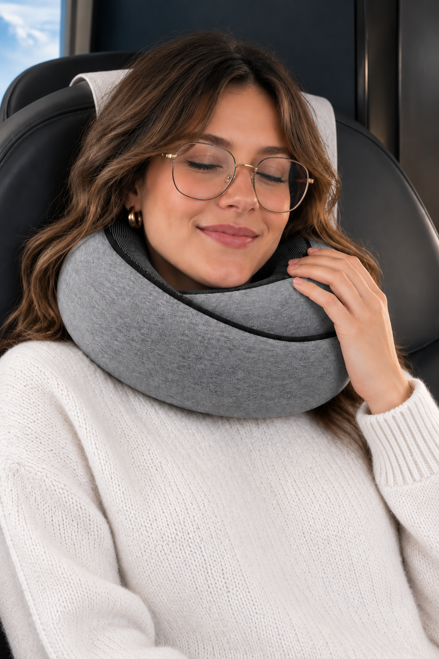 The travel pillow worn around the neck, with its wrap-around support