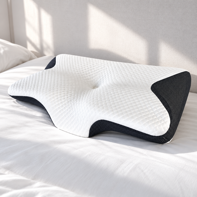 Ergonomic memory foam contour pillow on a bed