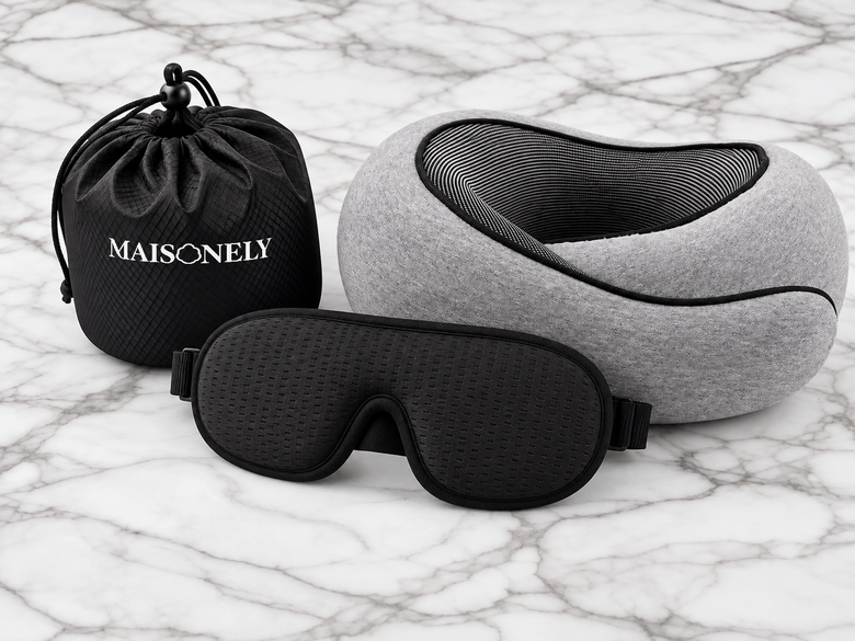 Maisonely 3D travel kit: gray travel pillow, 3D sleep mask and carry bag