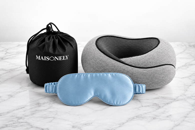 Maisonely satin travel kit: travel pillow, satin sleep mask and carry bag